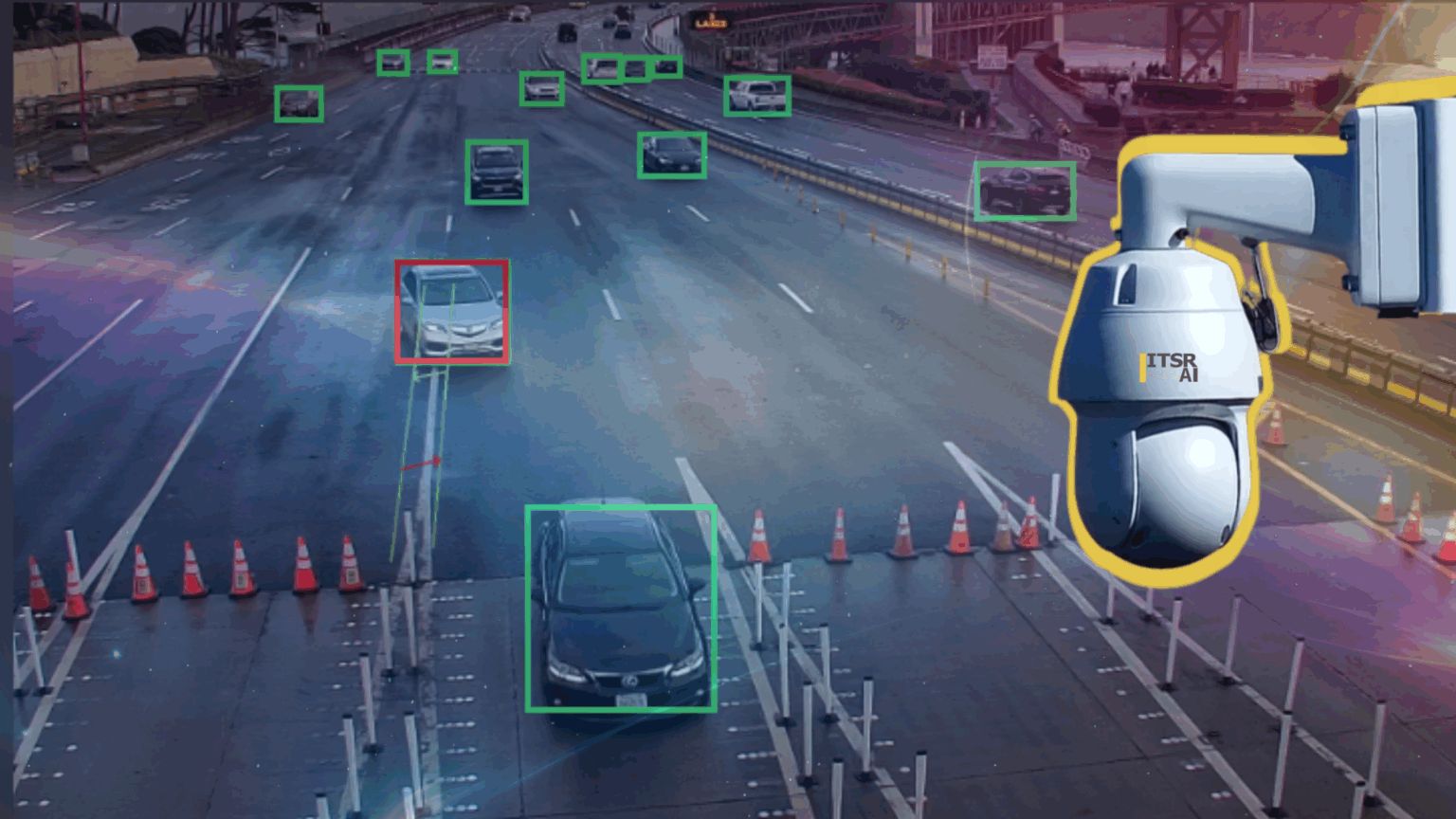 Vision AI detection overlay on a bridge toll plaza camera view