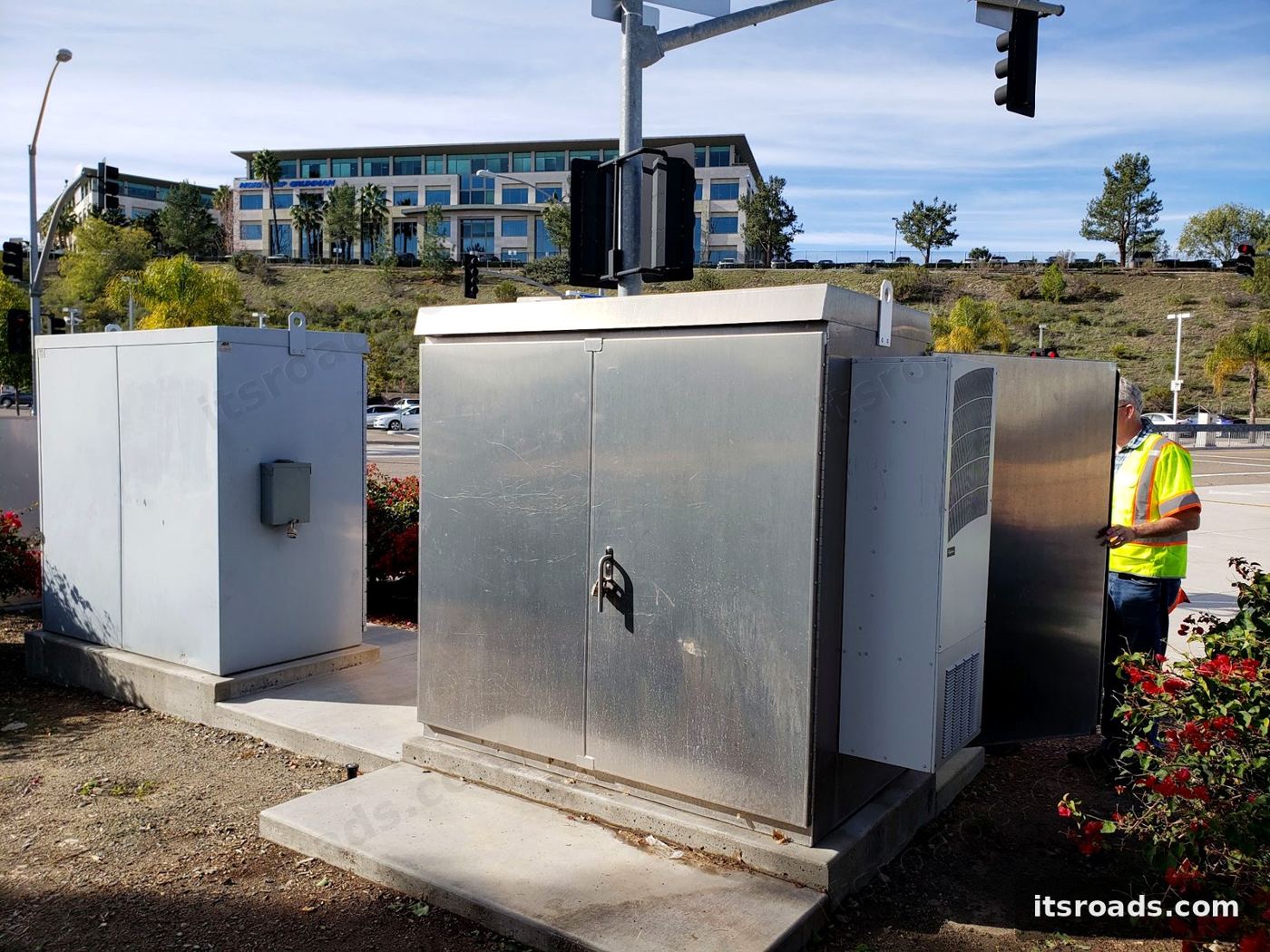 Stainless steel roadside cabinets on a concrete pad
