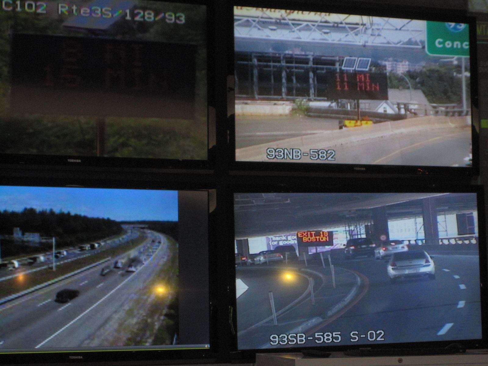 Highway operations center video wall with live camera feeds