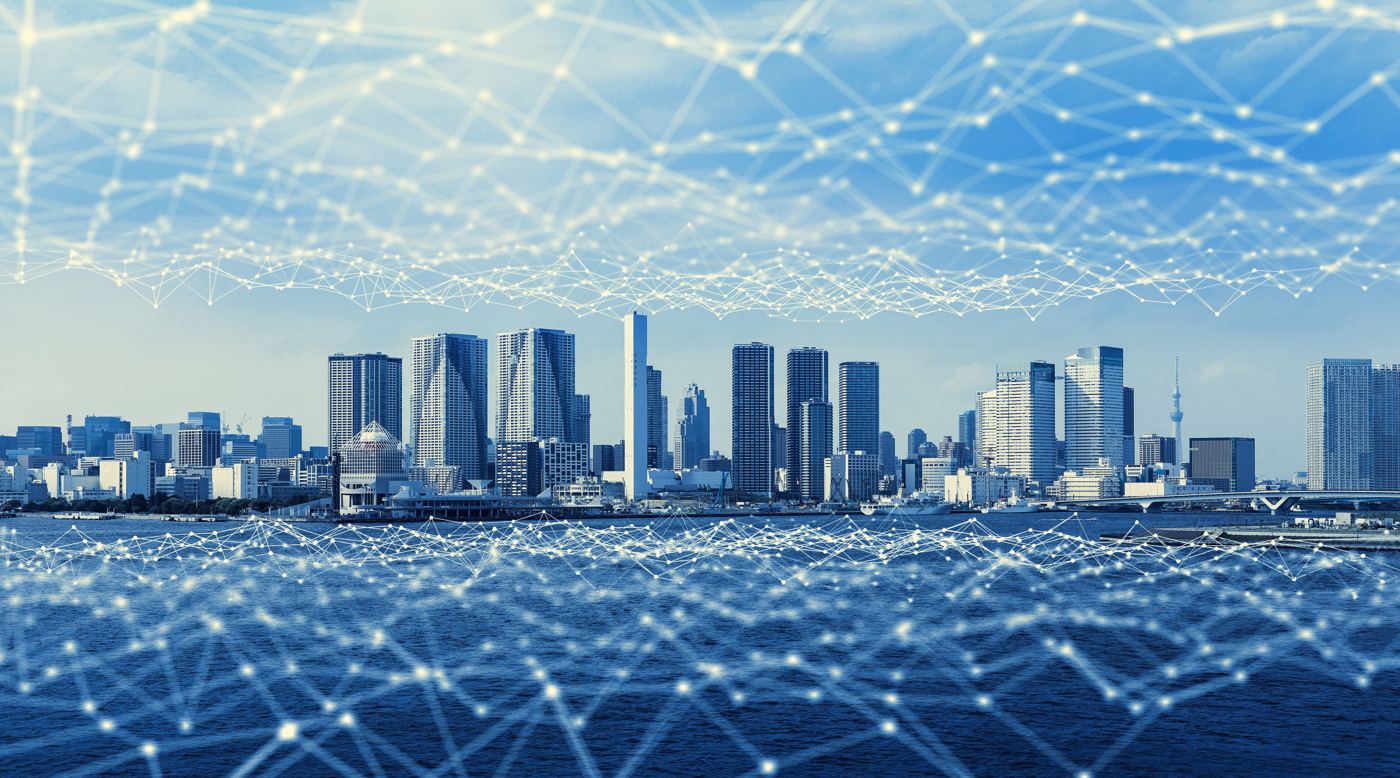 City skyline with a network of connected points