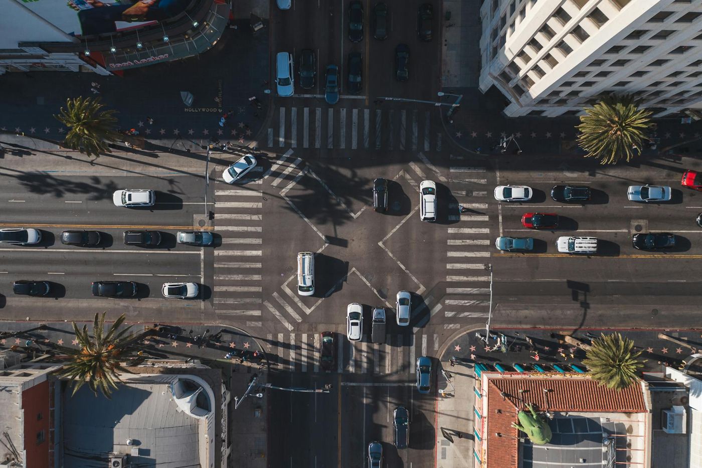 Aerial view of a busy urban intersection