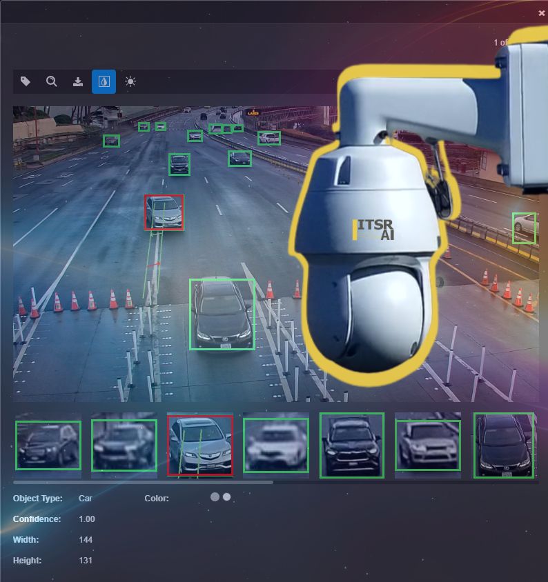 Camera vision AI dashboard with a PTZ camera and detection thumbnails